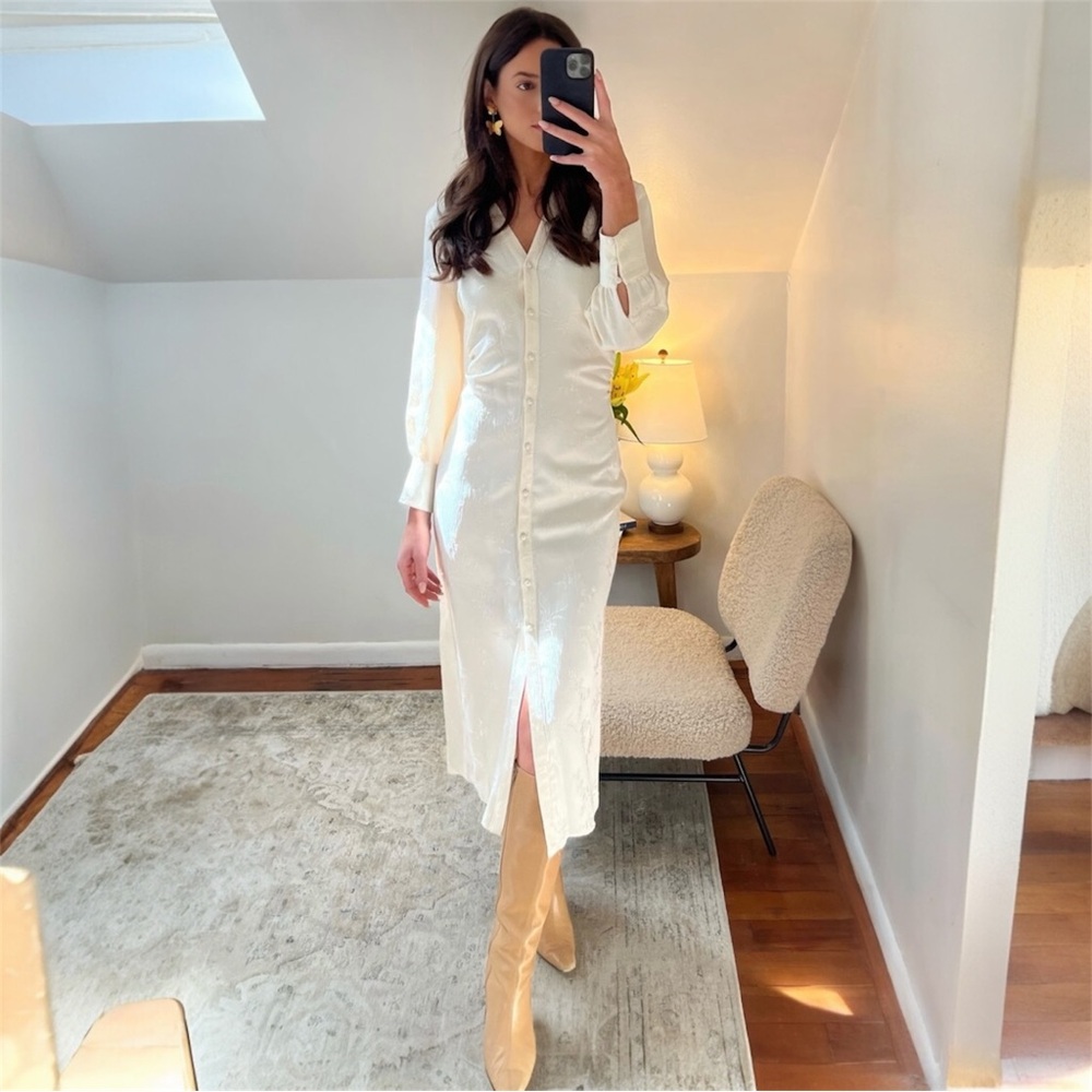 ZARA Jacquard Long Sleeve Ruched Side Button Front Midi Shirt Dress Ecru Size XS